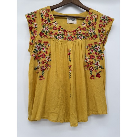 Savanna Jane Yellow Floral Embroidered Short Sleeve Blouse Boho Coquette spring - Picture 7 of 9